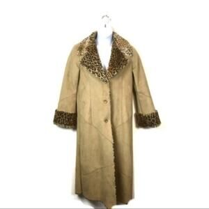 Overcoat Faux Suede Leopard Shearling Newport News Vintage Funky Sherpa Trench
